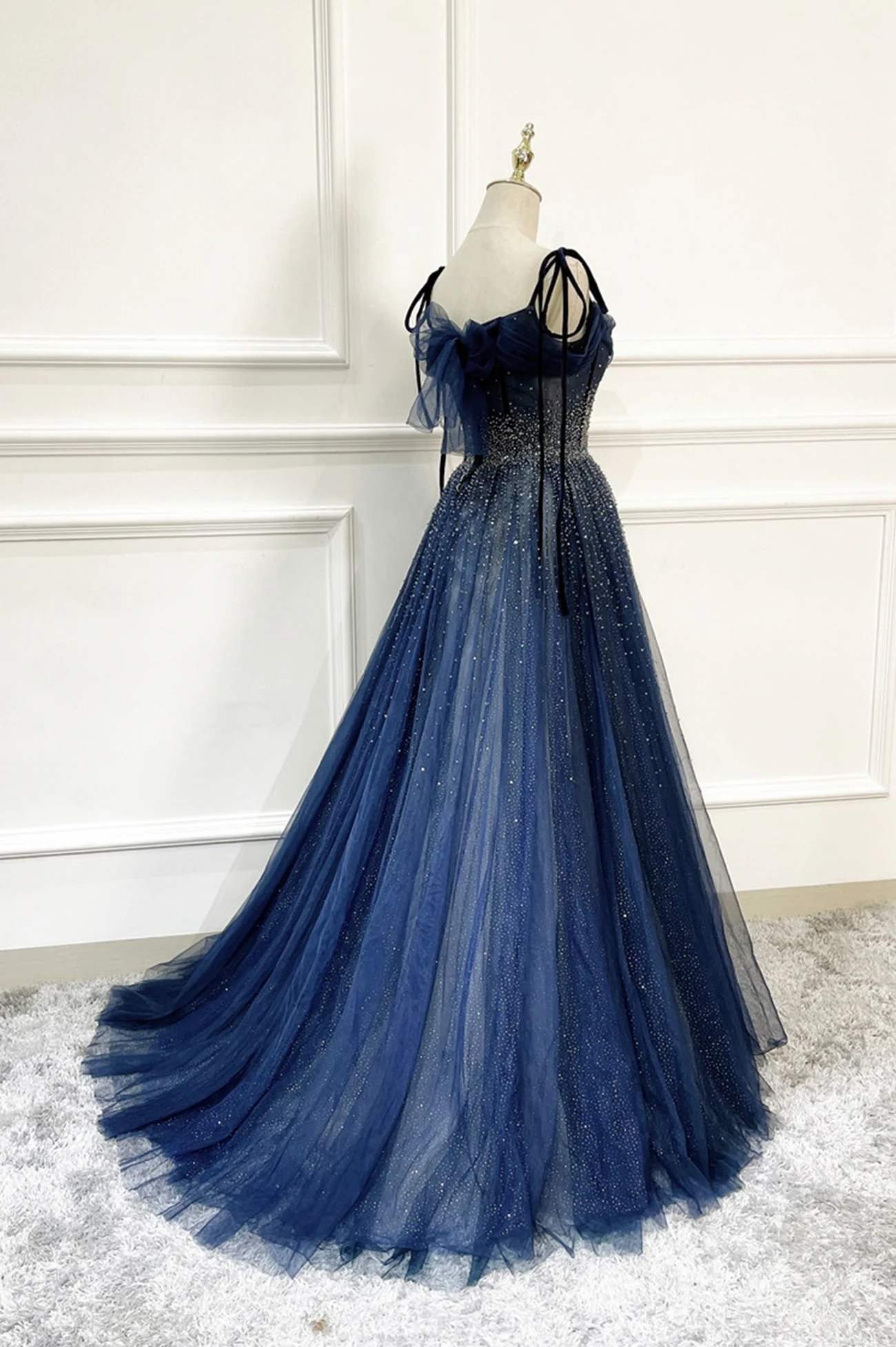 Blue Long Tulle Beaded Prom Dress, Blue Evening Party Dress nv606