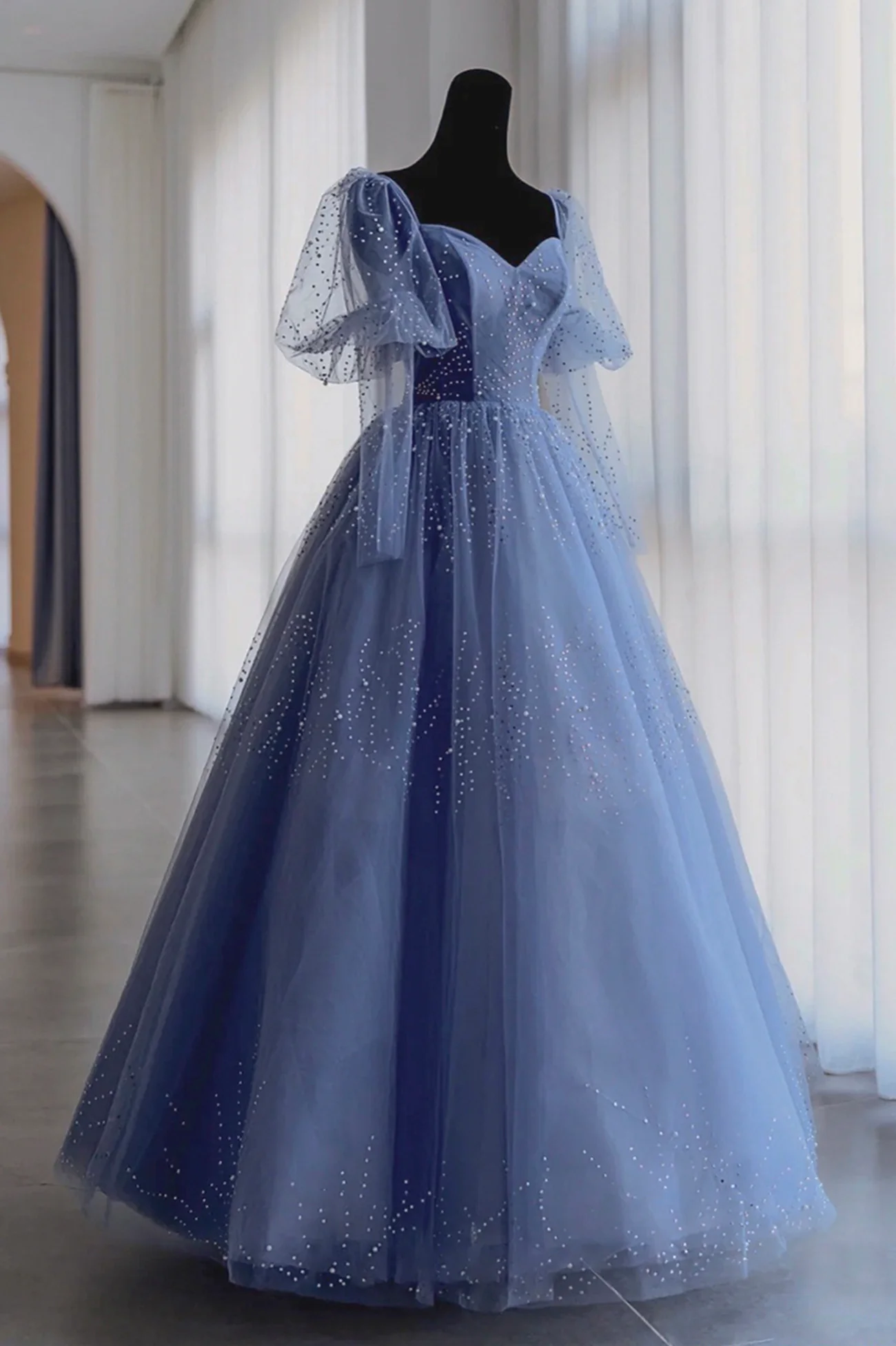 Blue Tulle Beading Long Prom Dresses, A-Line Evening Dresses nv875