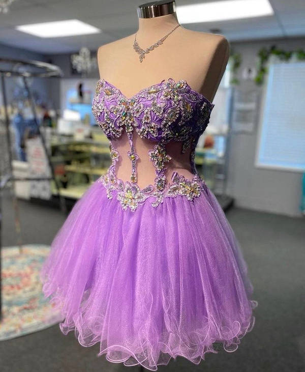 Elegant Strapless Lilac Beaded Short Homecoming Dress nv800