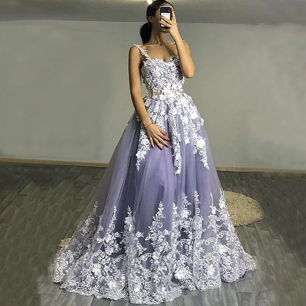 Lavender Spaghetti Strap Floral Lace A-Line Long Prom Dress nv808
