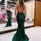 Charming Mermaid Scoop Neck Dark Green Satin Long Prom Dresses with Beading nv772