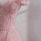 Pink Off Shoulder Tulle Tea Length Prom Dress,Pink Tulle Wedding Party Dresses nv885