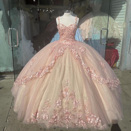 Pink Sparkly Quinceanera Prom Dresses Lace Flower Sweet 16 Tulle Party Ball Gown nv886