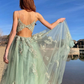 Green tulle lace long prom dress, green tulle lace formal dress nv809