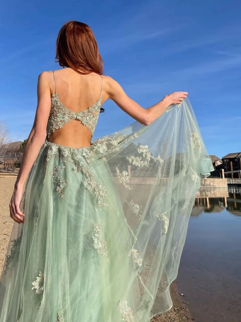Green tulle lace long prom dress, green tulle lace formal dress nv809