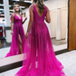 Beading Fuchsia V-Neck Pleated Tulle Prom Dress With Side Slit nv781