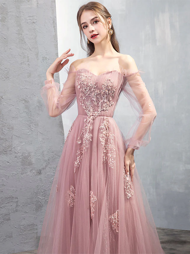 Pink A-line Tulle Lace Long Prom Dress Pink Lace Evening Dress nv861