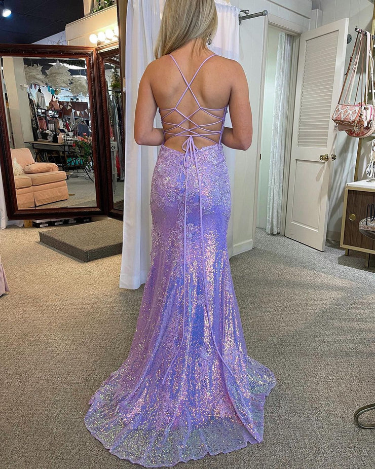 Cute Mermaid V Neck Lavender Sequins Prom Dresses with Slit nv797