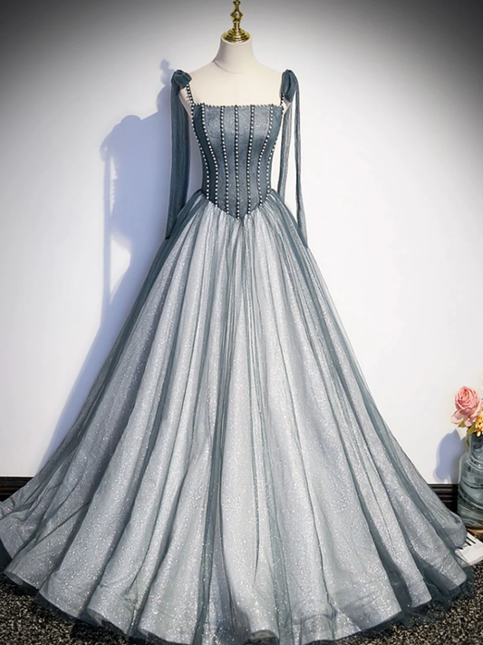 A Line Gray Long Prom Dresses, Tulle Gray Formal Graduation Dress with Beadingnv895