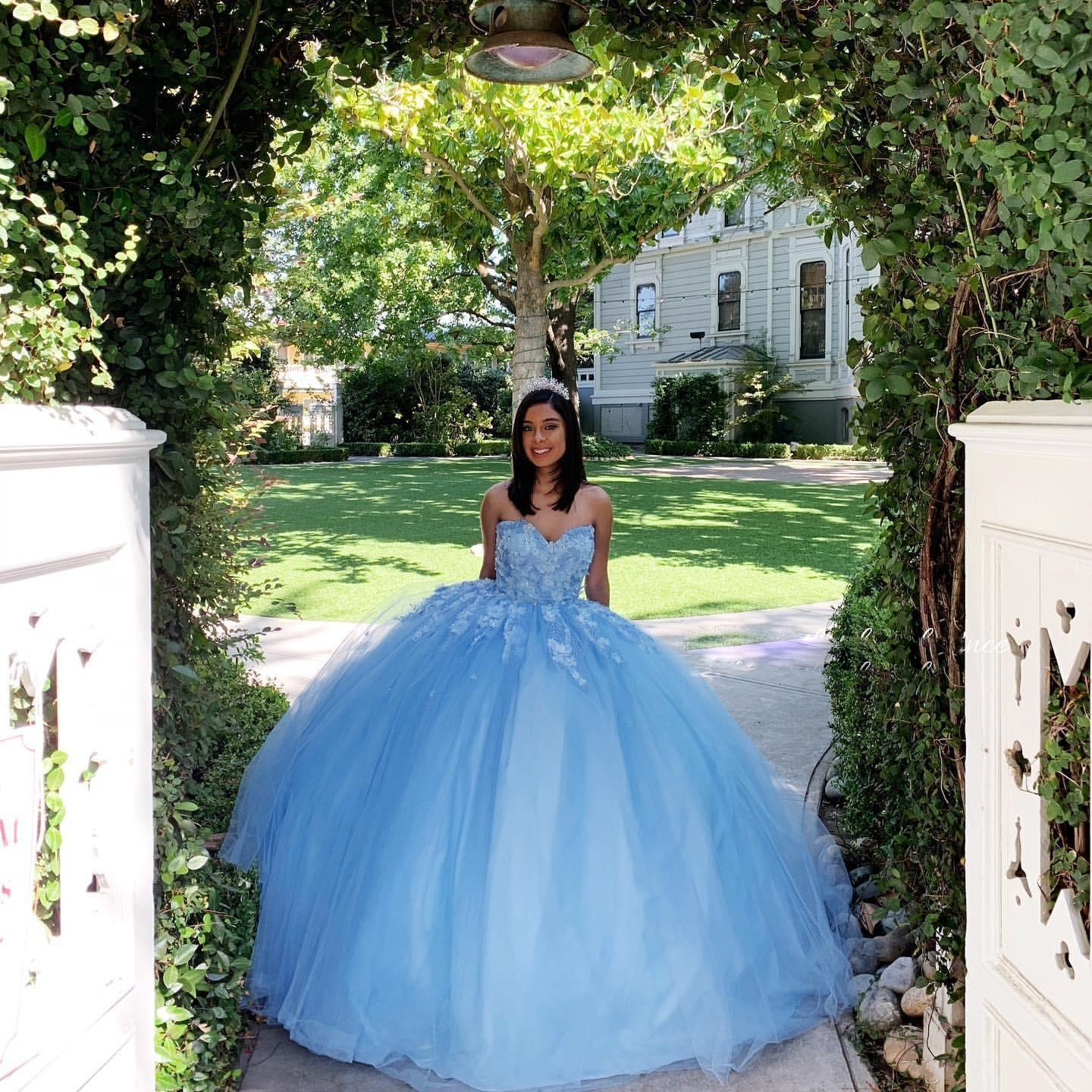 Sky Blue Princess Sexy Lace Quinceanera Prom Dresses Sweetheart Beaded Hand Made Flowers Tulle Evening Party Sweet 16 Dress Gala nv887