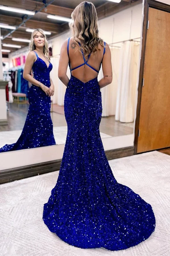 V-Neck Sleeveless Prom Dress Mermaid Sequins Long nv893