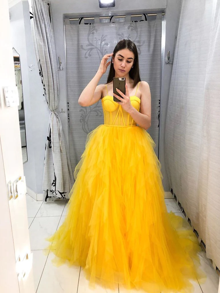 Fashion Yellow Tulle Prom Dress A Line Sleeveless Prom Gown nv976
