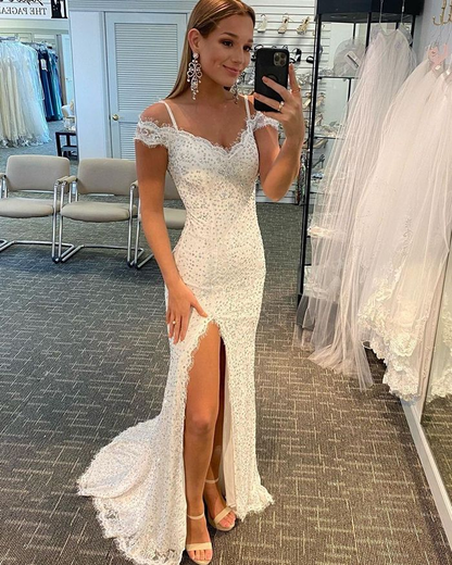 Cold Shoulder White Beading Lace Mermaid Prom Dress with Side Slit nv989