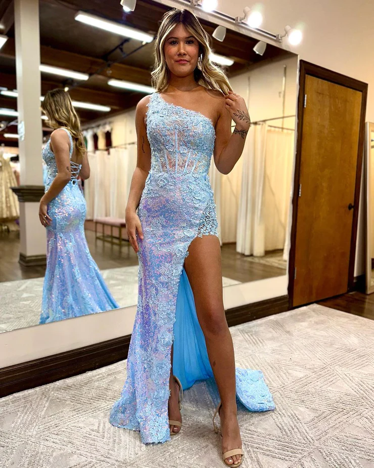 Charming Mermaid One Shoulder Light Blue Sequins Prom Dresses with Appliques nv969