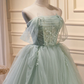 Green Tulle Beaded Ball Gown Off Shoulder Party Dress, Green Sweet 16 Dress nv891