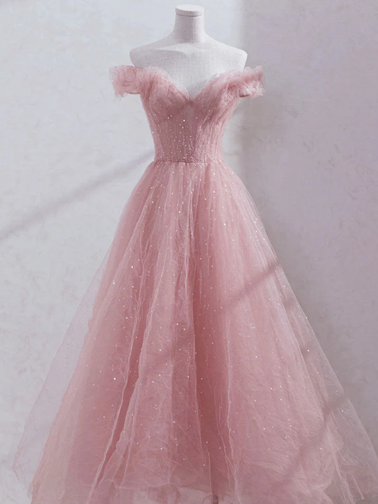 Pink Off Shoulder Tulle Tea Length Prom Dress,Pink Tulle Wedding Party Dresses nv885