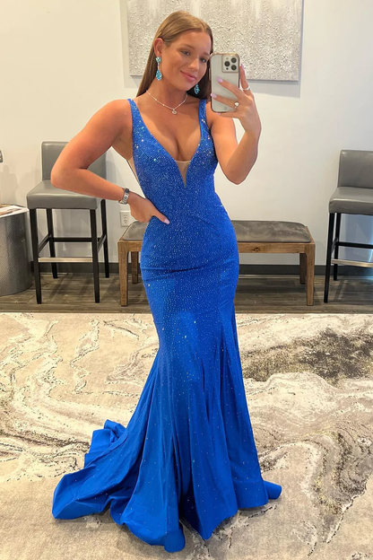 Mermaid Deep V Neck Royal Blue Long Prom Dress with Beading nv951