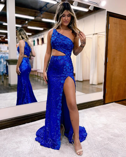 Cute Mermaid One Shoulder Royal Blue Sequins Prom Dresses with Appliques nv941