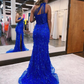 Charming Mermaid One Shoulder Royal Blue Lace Prom Dresses with Slit nv961
