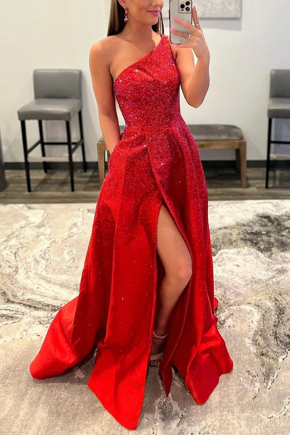 Red One Shoulder Prom Dress with Slit nv973