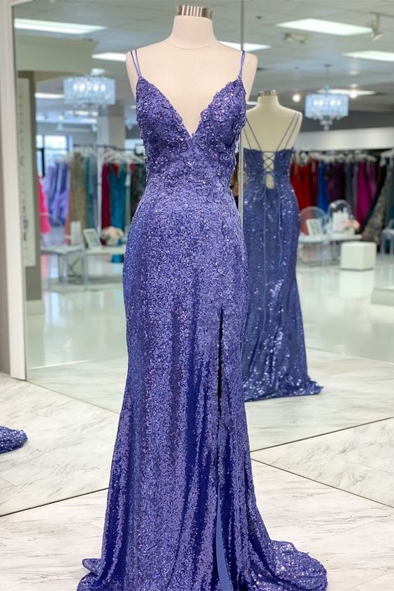 Mermaid Purples Sequins Long Prom Dress with Slit nv955