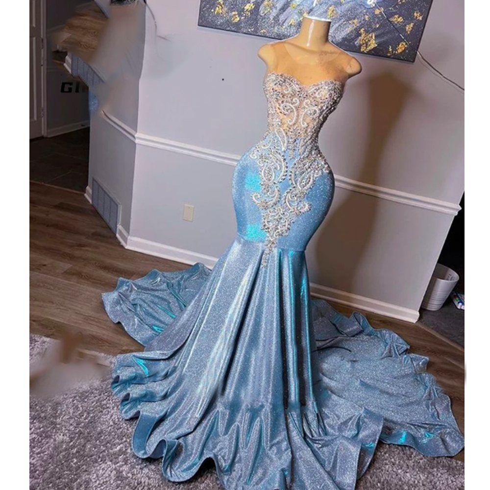 light blue prom dresses, crystal evening dresses, sequins evening gowns, mermaid prom dresses nv904