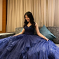 Blue V-Neck Tulle Long Prom Dresses, A-Line Evening Dresses nv431