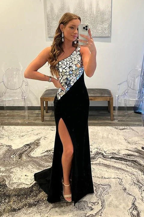 Black Rhinestone One Shoulder Split Floor-length Formal Prom Dresses nv475