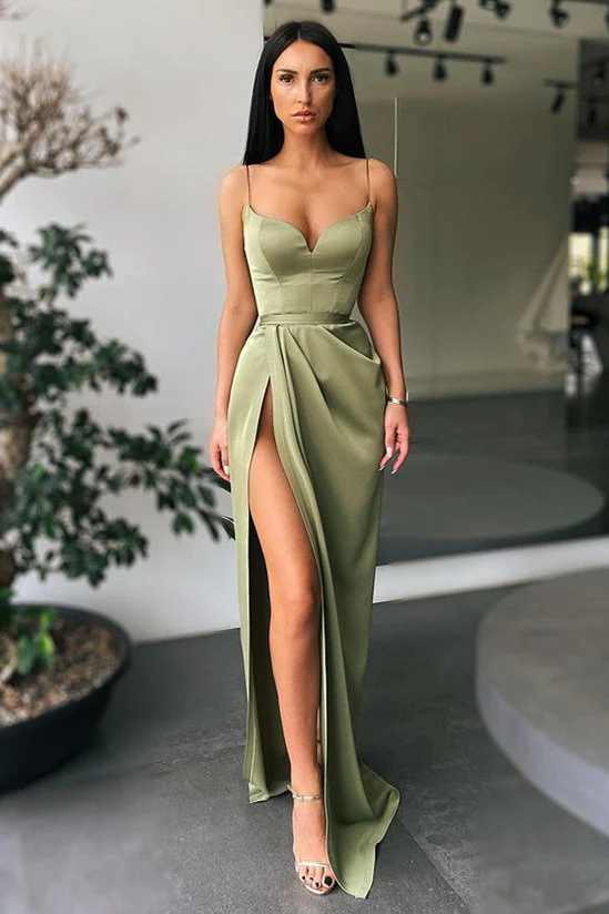 Forest green spaghetti-straps high-split long prom dress nv148