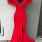 Plunging V-Neck Off the Shoulder Feathered Red Long Party Dress nv971