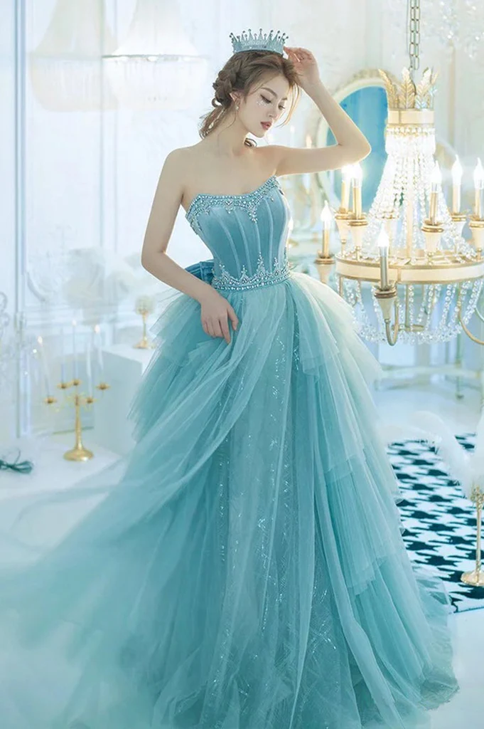 Light Blue Strapless Tulle Ball Gown Prom Dress With Ruffles, Evening Dress nv215