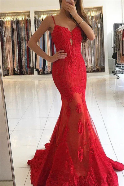 SPAGHETTI STRAPS RED LACE EVENING DRESSES MERMAID CHIC PROM DRESSES nv411