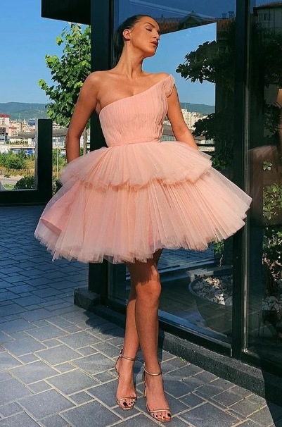 Cute A Line One Shoulder Ruffled Tulle Blush Pink Short Prom Dresses nv284