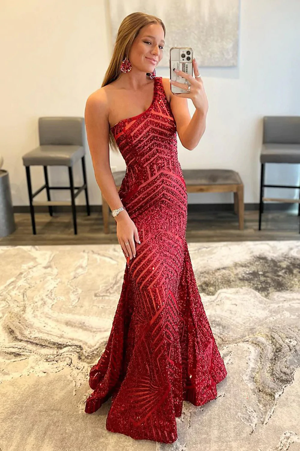 Dark Red One Shoulder Sequined Mermaid Prom Dress nv223
