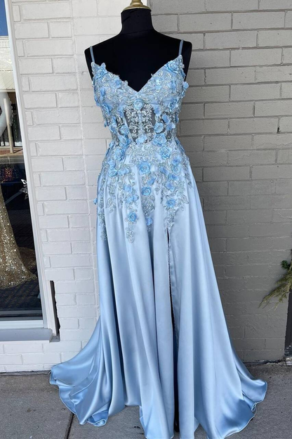Light Blue A-line 3D Flowers Satin Long Prom Dress nv295