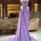Elegant Lavender Satin Mermaid Evening Dresses Sparkly Silver Sequins Pleats Formal Prom Party Occasion Gowns nv515