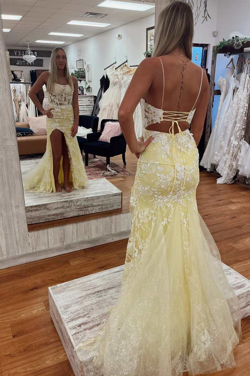 Yellow Floral Lace Backless Mermaid Long Prom Gown with Slit nv981