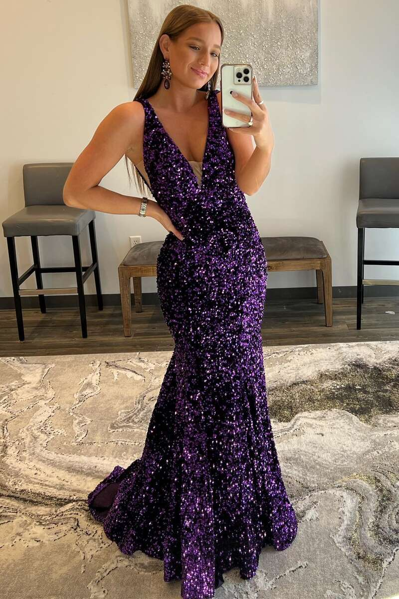 Charming Mermaid Deep V Neck Purple Sequins Long Prom Dresses nv227