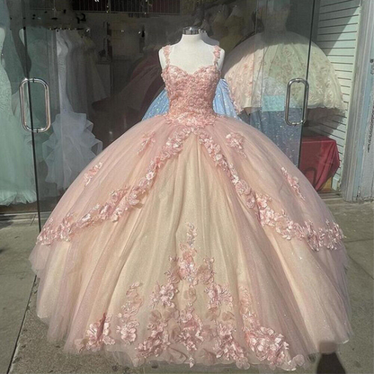 Princess Pink Quinceanera Dresses Lace Appliques Sweet 15 Party Prom Ball Gown nv195