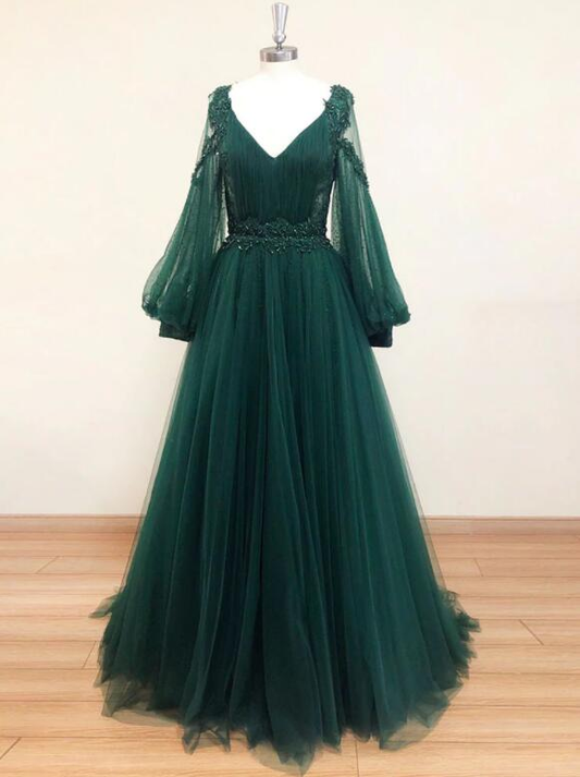 Beautiful Green Tulle Long Sleeves Wedding Party Dresses, Green Prom Dresses Party Dress nv453