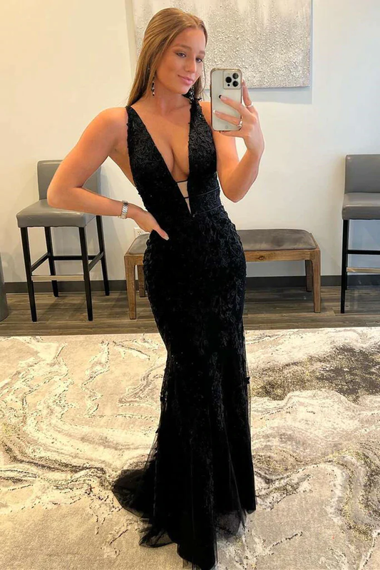 V Neck Mermaid Black Lace Long Prom Dress, Mermaid Black Formal Dress nv402