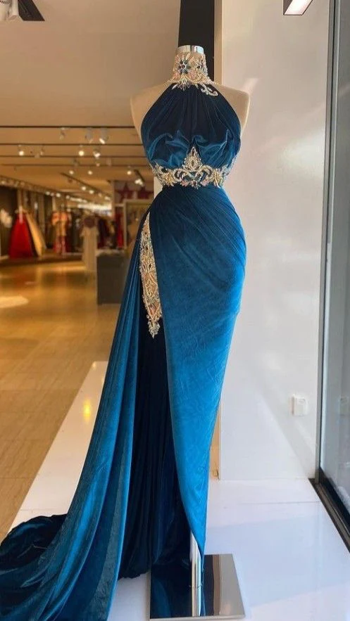 High Neck Velvet Evening Gown Stunning Prom Dress With Appliques nv505