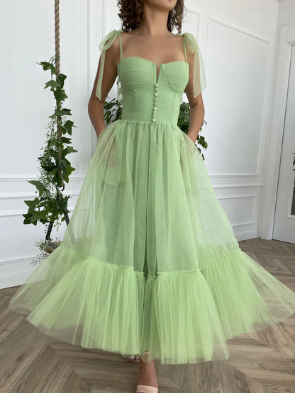 Simple green tea length prom dress, green evening dress nv529