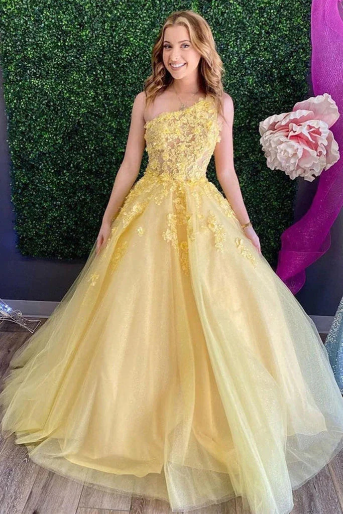 Yellow Lace One Shoulder Prom Dresses A Line Evening Gowns nv191