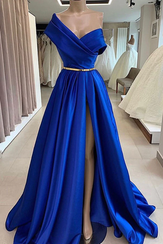 Blue satin long prom dress, blue long evening dress nv395