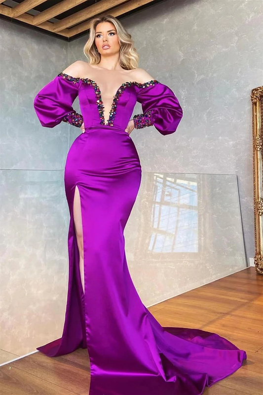 Purple Long Sleeves Mermaid Prom Dress Off-the-Shoulder Slit With Crystal nv417