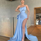 Mermaid Strapless Light Blue Satin Long Prom Dresses with Side Slit,Evening Party Dresses nv330
