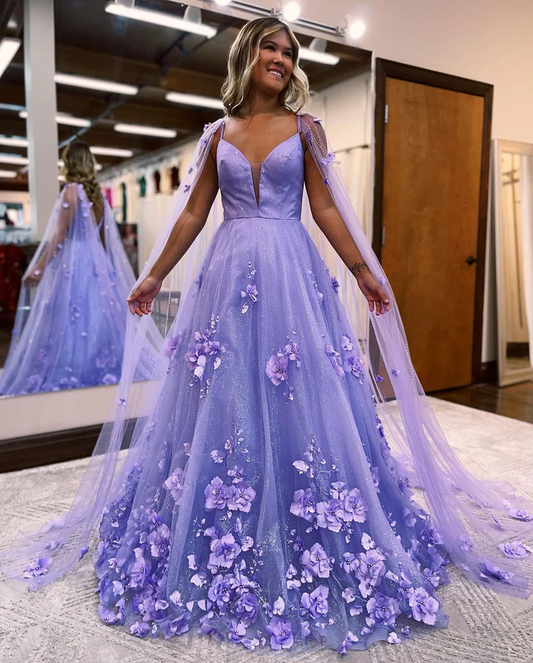 Sparkly A Line V Neck Lavender Tulle Long Prom Dresses with Appliques nv426