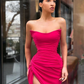 Sexy Mermaid Strapless Hot Pink Long Prom Dresses with Slit nv249