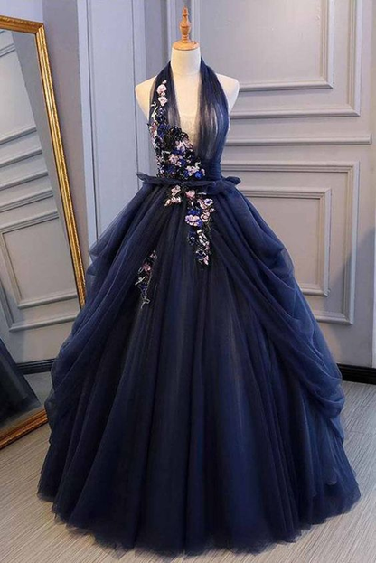 Navy Blue Halter V-neckline Long Sweet 16 Dresses, Tulle Formal Gowns nv385